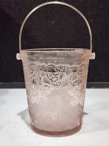 FOSTORIA GLASS GRAPE BROCADE ROSE PINK  6" TALL ICE BUCKET CHROME HANDLE - Picture 1 of 6