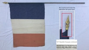 Antique WW1 WWII War French France Banner Flag 34" x 23" with Finial & blue pole - Picture 1 of 16