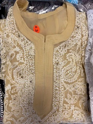 Indian Lukhnavi Beige Kurti  Gold And White Embroidery Chest Size 40 - Image 1 of 3