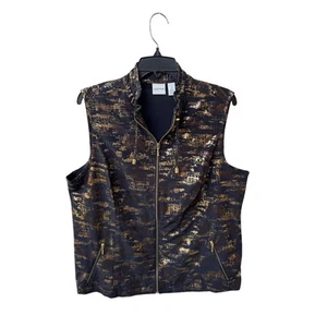 Zenergy by Chico’s Foil Print Zip Vest Size 3 | Metallic Gold Black Sleeveless - Picture 1 of 7