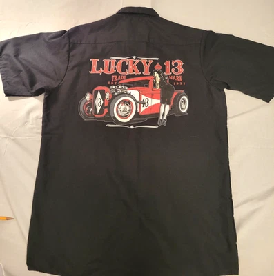 Lucky 13 Mens Large Red Kap Workwear Black graphic Print Hot Rod short sleeve - Image 1 of 4
