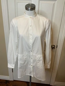 Eileen Fisher White Cotton Poplin Long Sleeve Button-Up Collarless Shirt,Size XS - Picture 1 of 5