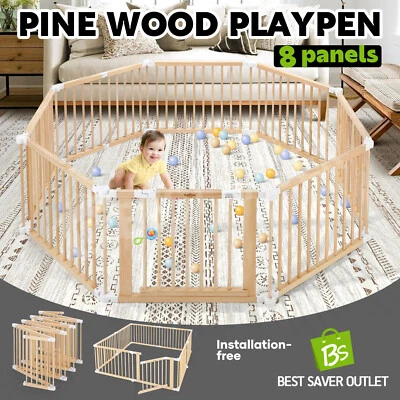 Kidbot 8 Panel Baby Playpen Kids Pet Dog Wooden Safety Gate Fence Foldable Yard - image 1 of 4