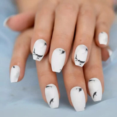 24 Medium press on nails w/ glue matte white marble black coffin - Image 1 of 4