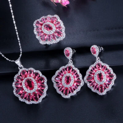 Multi Color Rainbow CZ Ring Flower Pendant Necklace Earrings Party Jewelry Set - Image 1 of 4