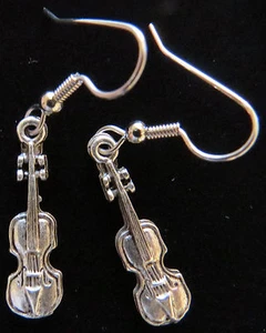 Violin Earrings Oxidized Matte Silver Fiddle Orchestra Band Instrument - Picture 1 of 3