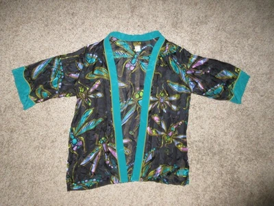 BOB MACKIE WEARABLE ART OPEN FRONT 100% SILK KIMONO JACKET DRAGONFLY PRINT - Image 1 of 4