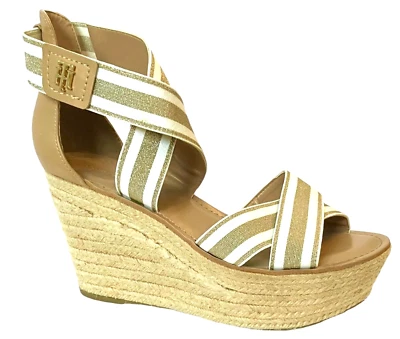 TOMMY HILFIGER Gold/White THEIA Espadrille SLIP ON Platform Wedge Sandal Sz 9.5M — 第 1/4 张图片
