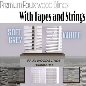 50mm Faux wood Blinds Tape OR String Faux wooden Blind in White & Grey - Picture 1 of 38