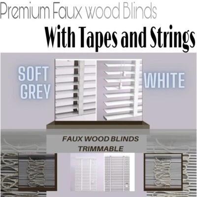 50mm Faux wood Blinds Tape OR String Faux wooden Blind in White & Grey - Image 1 of 4