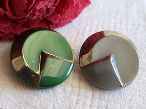 Duo boutons anciens en verre gris vert année 50/60 argenté 1,7 cm D15F - Picture 1 of 3