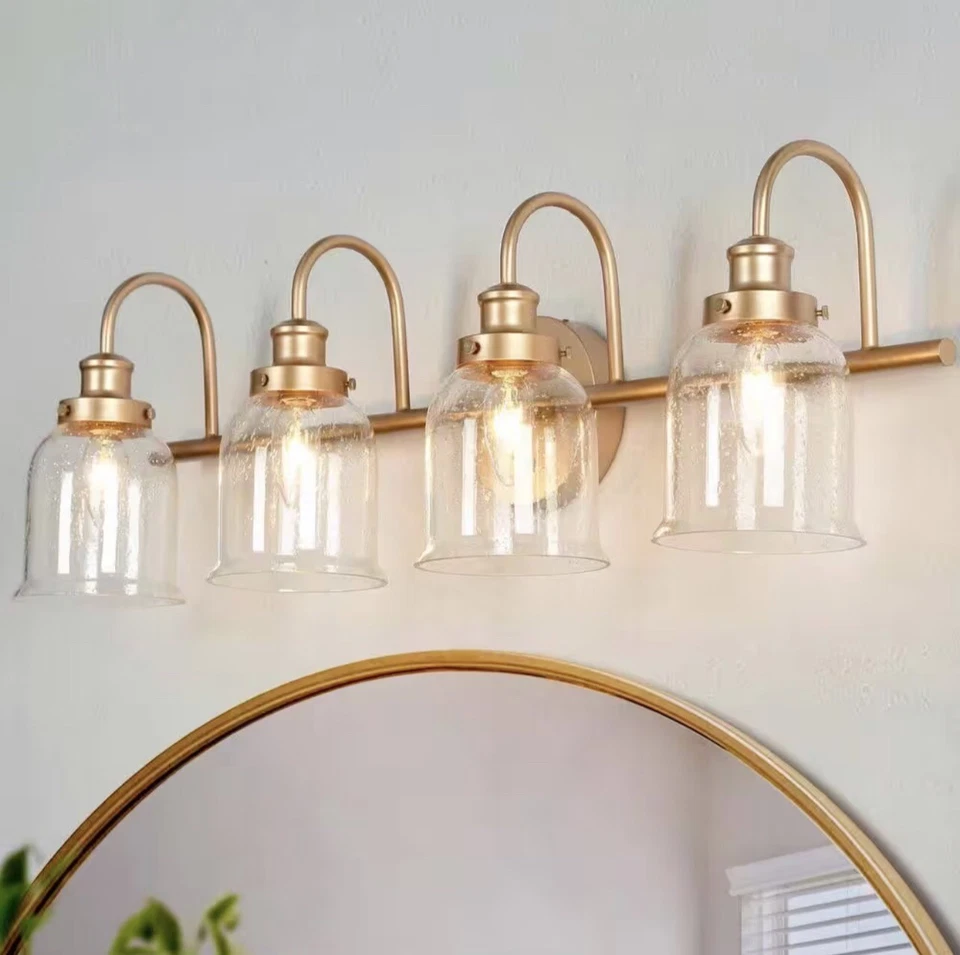 Gold Bathroom Light Fixtures, 4-Light Bathroom Vanity Light with Seeded Glass - Image 1 of 4