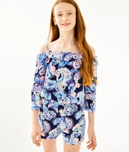 NEW Lilly Pulitzer GIRLS MARGARET OFF THE SHOULDER ROMPER High Tide Holy S XXL - Picture 1 of 11
