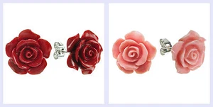 Par de pendientes simulados de rosa de coral con poste de perno de plata esterlina 15 mm - Imagen 1 de 5