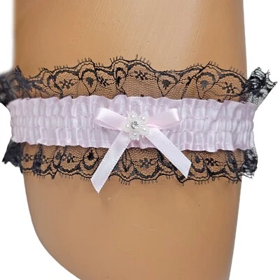 Satin Leg Garter Lace Ruffle Trim Mini Bow Faux Jewel Flower Accent Pink 3555 - Image 1 of 4