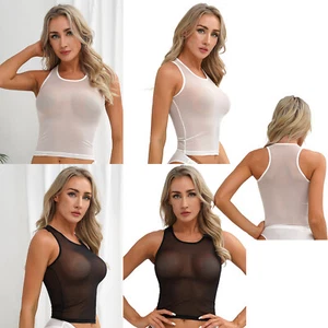 Damen Mesh Crop Top Sexy Bauchfrei Oberteil Durchsichtig T-Shirt Bluse Unterhemd - Picture 1 of 27