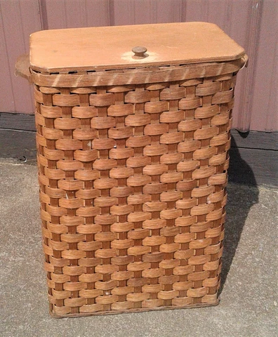 Vintage Woven Splint Oak Laundry Basket Hamper with Lid 1970s Cover