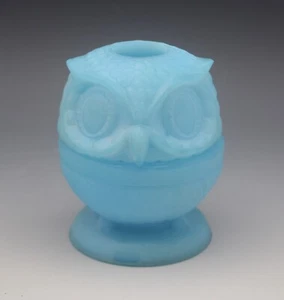 FENTON GLASS FAIRY LIGHT LAMP BLUE SATIN GLASS OWL 4" TEA LIGHT CANDLEHOLDER - Picture 1 of 7