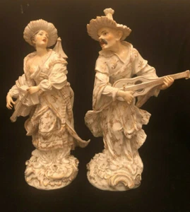 Par de estatuillas de porcelana de músicos malabares Carl Thieme Dresde 13" aprox. 1888 - Imagen 1 de 12