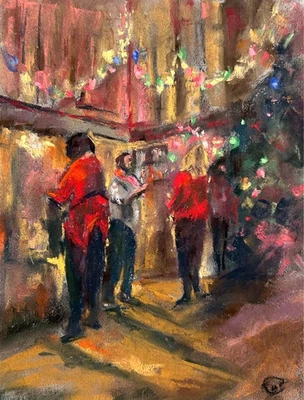 Pintura em pastel, festa de Natal 9x12 decoração de parede sem moldura, assinada - Imagem 1 de 4