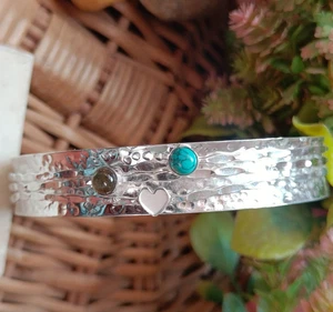 Brazalete giratorio martillado turquesa labradorita plata esterlina joyería hecha a mano - Imagen 1 de 6