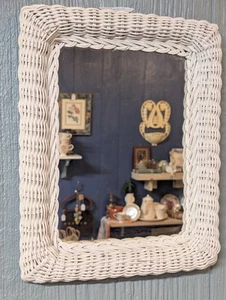 Wicker Mirror White Rattan. Coastal Cottage Vintage Rectangle Wall Hanging 10x14 - Picture 1 of 11