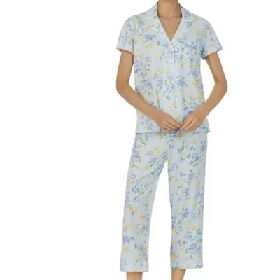 NWT Lauren Ralph Lauren Pajama Set Women’s XL Blue Floral Stripe Cotton Viscose - Image 1 of 4