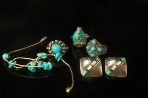 5 VINTAGE SAMMLUNG TÜRKIS STERLINGSILBER RINGE OHRRINGE ARMBAND MR - Bild 1 von 7