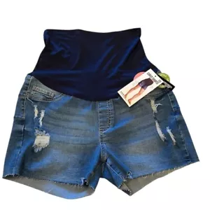 SONG Maternity Distressed Denim Shorts Blue Women's XL full belly coverage - Picture 1 of 18