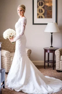 Modest Ivory Sheer Mermaid Lace Wedding Dress Long Sleeves Bridal Gown Open Back - Picture 1 of 6