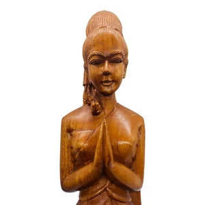 Vintage Thai Sawasdee Lady Woman Welcome Statue Figurine Hand Carved Wood 21” - Picture 1 of 10
