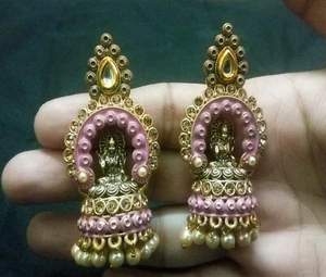 Gold Plated Pearls Earrings Purple Meenakari Goddess Laxmi Design CZ Jhumki Set - Picture 1 of 4