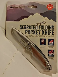3" Blade Folding Knife Avalanche Compact Serrated Wood Inlay Handle w/Carry Case - Picture 1 of 5