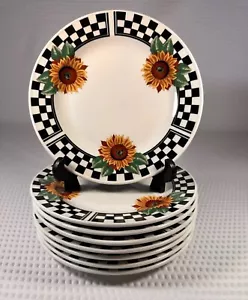 2 Salad Dessert Bread Cake Plates Yellow Sunflower Black & White Checkerboard - Picture 1 of 6