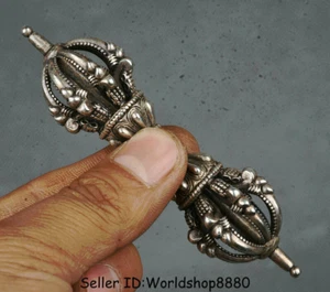 4" Coleccionar Raro Antiguo Templo Budista Tíbet Bestia Plateada Phurba Daga Soporte - Imagen 1 de 6