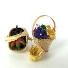 Vintage Miniature Easter Spring Wicker Baskets w straw flowers carrots