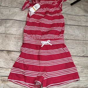 Nautica Girls Small (7) Dark Pink Striped Romper One Piece Summer NEW - Picture 1 of 2