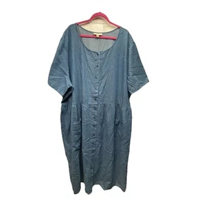 Woman Within Maxi Long Jean Blue Denim Dress Sz 36 Short Sleeve Pockets - Picture 1 of 9