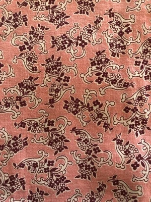 Vintage Feed Sack Tiny Maroon and White Daisy Like Flowers White Swirls on Pink - Image 1 of 3