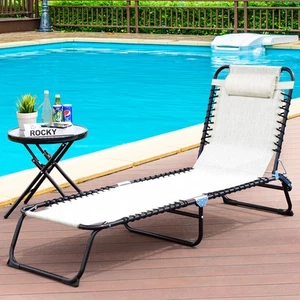 Costway Outdoor Folding Lounge Chaise Adjustable Poolside Cot w/ Pillow Gray - Picture 1 of 6