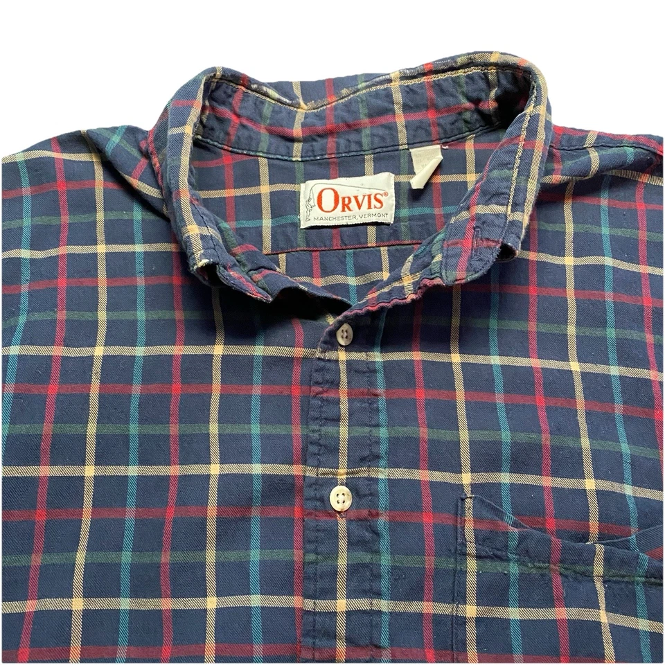 Camisa Orvis Años 70 XL Para Hombres L/S Abotonada Algodón Lana Azul Marino Arco Iris Cuadros EE. UU. Foto 1 de 4