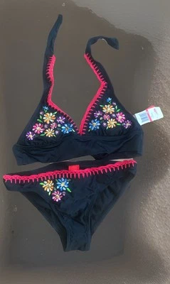 black bikini with colorful floral embroidery and red crocheted trim Size S - Image 1 of 4