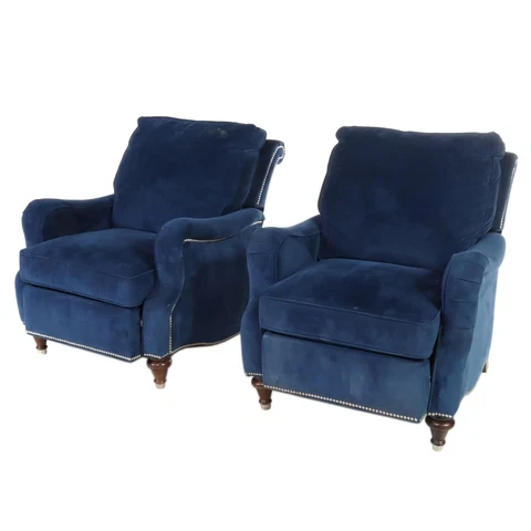 2 Pair Bassett Custom-Upholstered English Roll-Arm Recliners Nailheads NAVY BLUE Cover