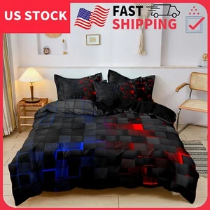 3Pcs Red Blue Grid Checked Geometric Printed Duvet Cover Pillowcase Bedding Set - Picture 1 of 27