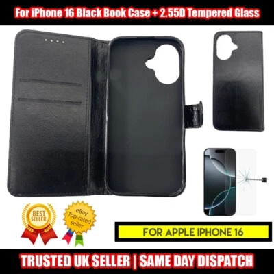 For iPhone 16 Book Case Top Quality + 2.5D Tempered Glass Protector - Image 1 of 4