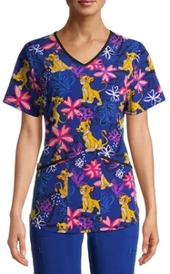 NWT Disney Women's Lion King Scrub Top S M L XL 2X 3X Simba Blue Purple Flowers - Picture 1 of 6