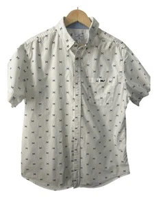Vineyard Vines Men’s L Fishbone Print Shirt White Navy Short Sleeve Casual - Picture 1 of 4