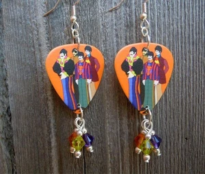 The Beatles Yellow Submarine Guitar Pick Earrings with Swarovski Crystal Dangles - Picture 1 of 3