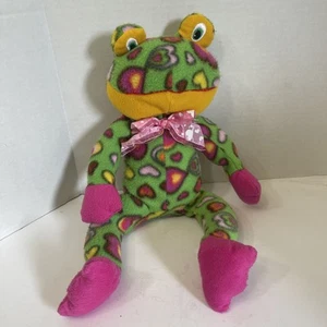 Plush Frog 17” Green Yellow Pink Fleece Bow Embroidered Eyes Hearts - Picture 1 of 6
