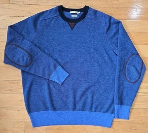 Peter Millar Blue Mens Large 100% Merino Wool Crewneck Sweater With Elbow Patchs - Picture 1 of 9